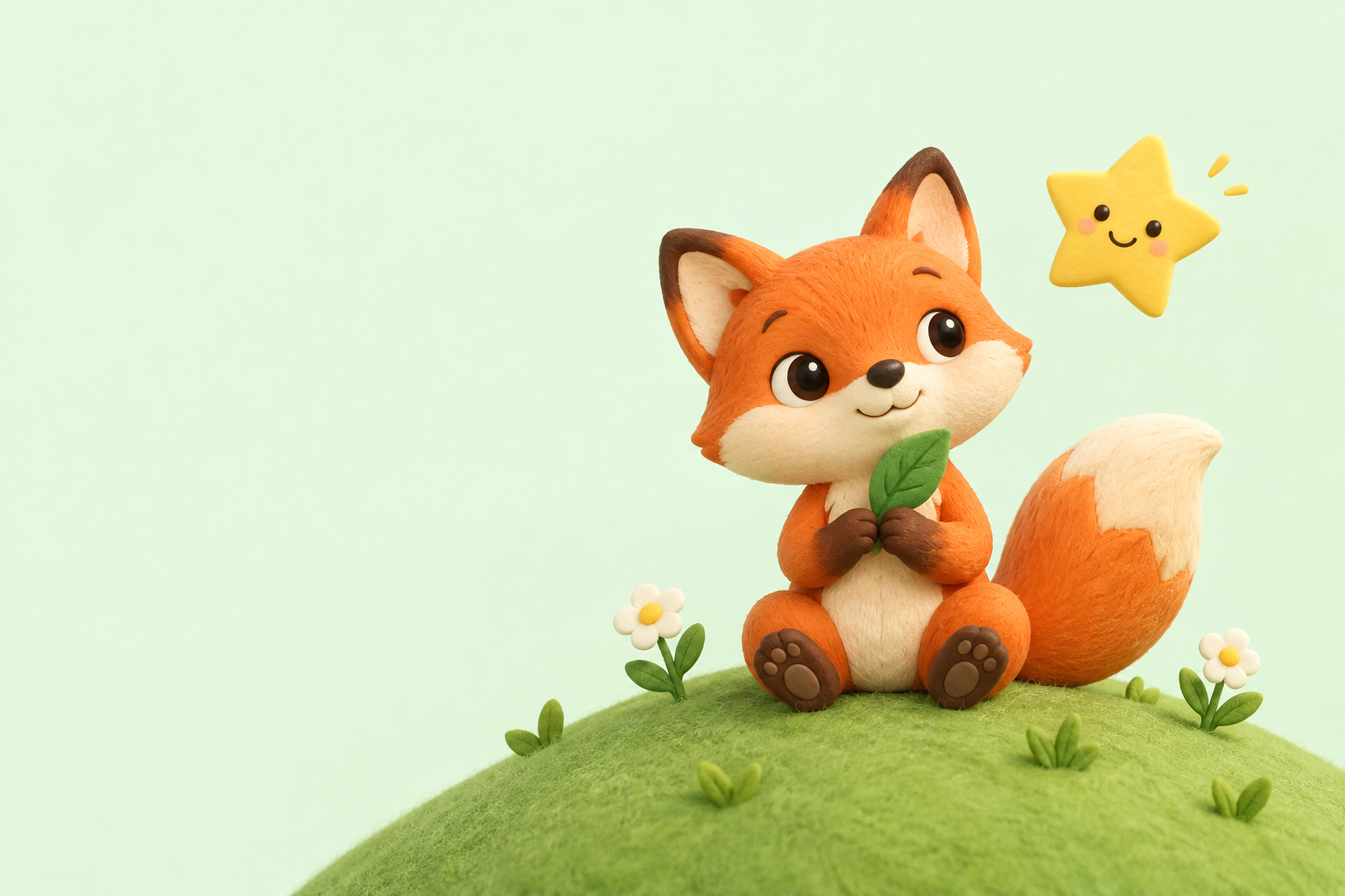 Mithi, a friendly little fox holding a leaf beside a smiling star