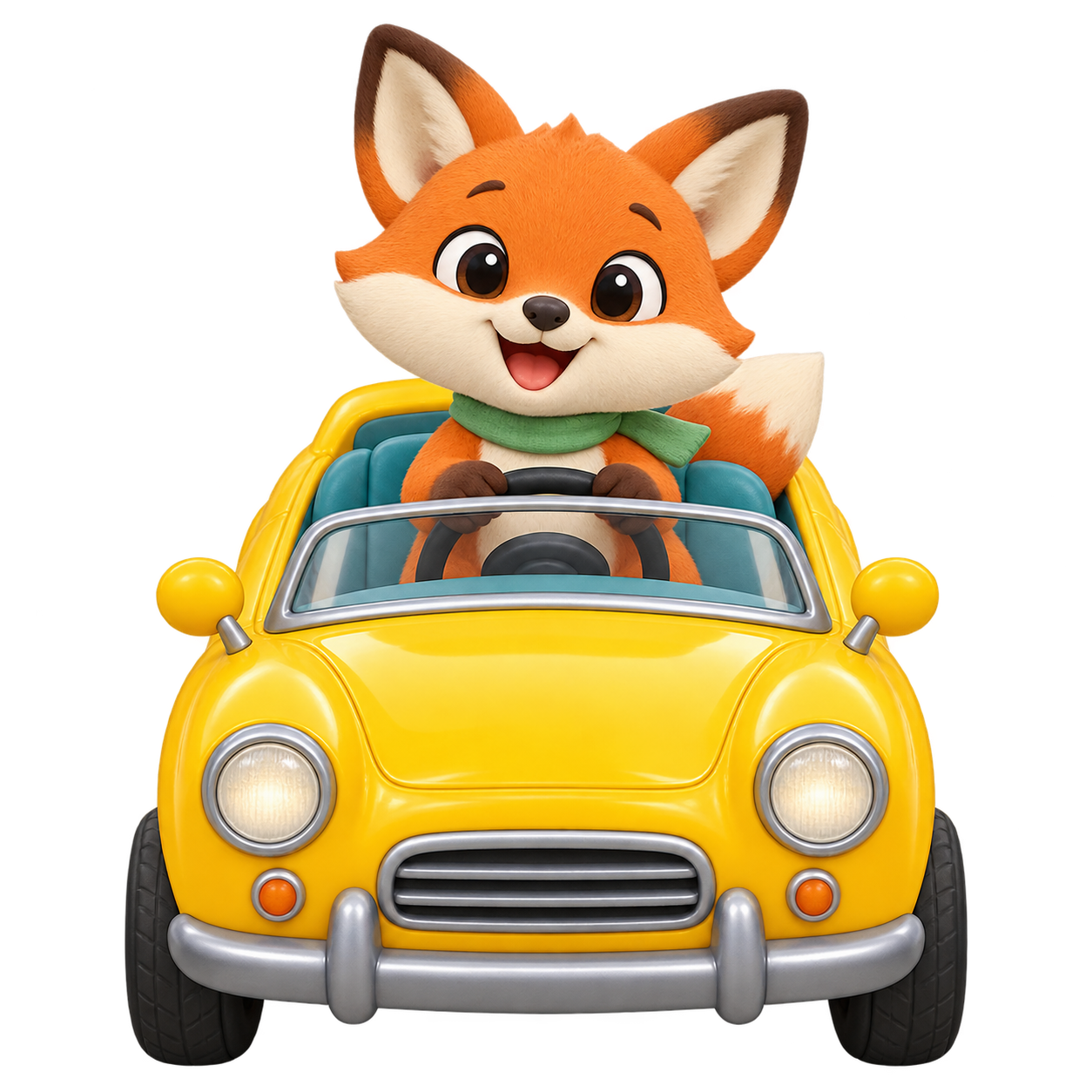 Mithi the fox driving an open-top yellow car
